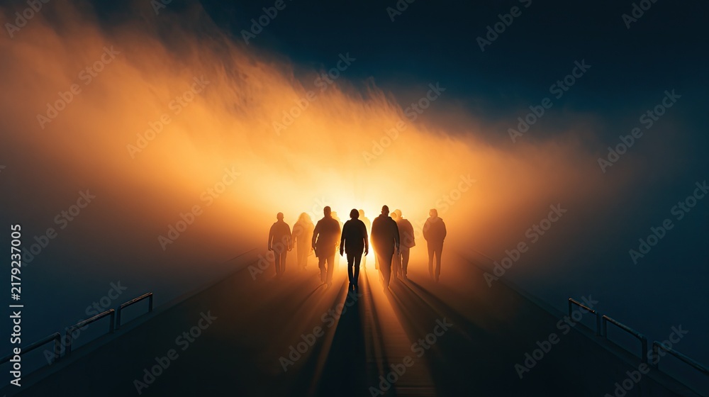 Obraz premium Group of Silhouetted Figures Walking Towards a Bright Golden Light Through Fog.