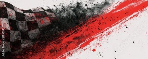 Dynamic Racing Flag with Red and Black Splatter Abstract Background.