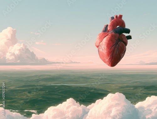 Surreal Heart Floating Above Dreamlike Ocean and Clouds.