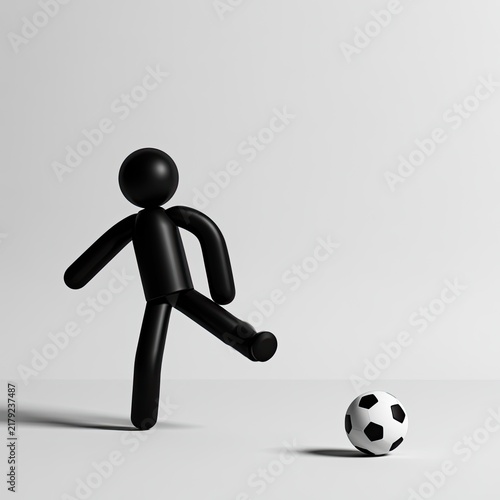 Black Stick Figure Kicking a Soccer Ball in Studio.
