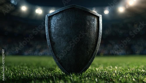 Ancient Shield Standing Proud on a Lush Green Football Field Under Stadium Lights.
