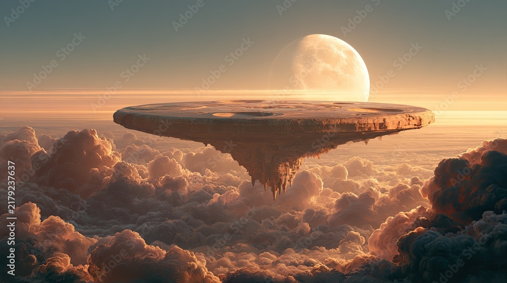 Fototapeta premium Surreal Floating Island City Above Clouds at Sunset.