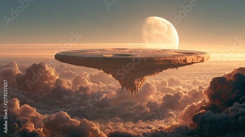Surreal Floating Island City Above Clouds at Sunset.