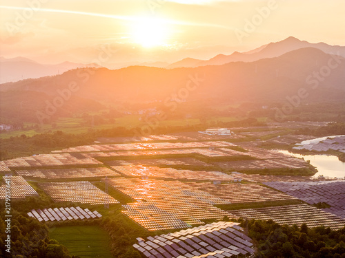 Photography solar photovoltaic power station at sunset