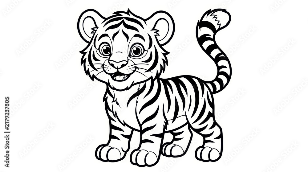 Fototapeta premium Cute Cartoon Tiger Cub Coloring Page for Kids - Black and White Vector Illustration of a Baby Tiger