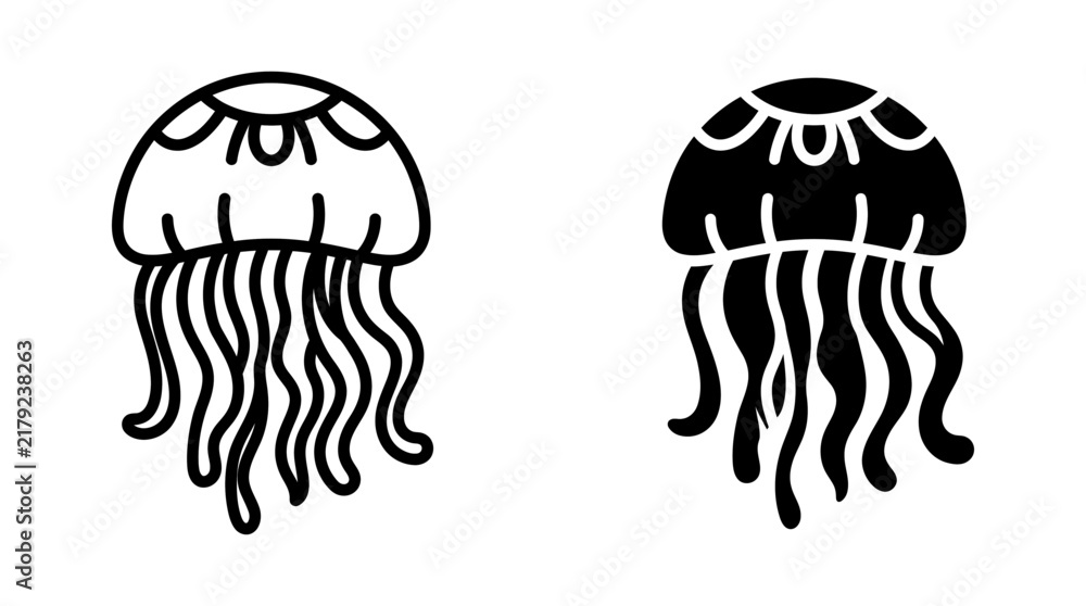 Fototapeta premium Swimming jellyfish with long tentacles vector icon illustration jellyfish swimming tentacles illustration underwater wildlife creature bioluminescent poisonous graceful