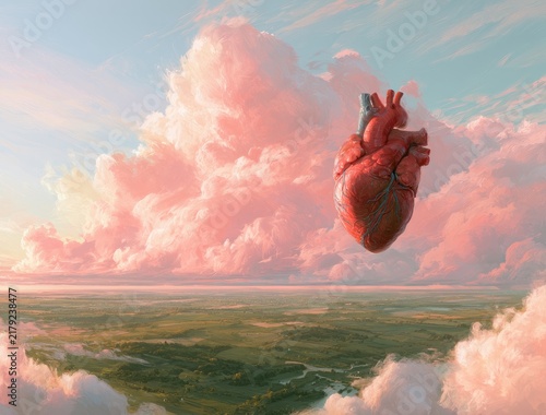 Surreal Heart Floating Above Dreamlike Ocean and Clouds.