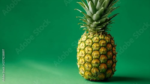 Closeup focused pineapple isolated on solid green background for chroma key evenly illuminated with clear edge separation