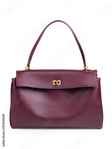 Burgundy women's shoulder bag with flap and gold turn lock isolated on white background front view