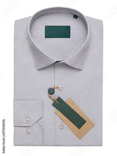 Folded light gray men's long sleeve classic shirt with collar and tags isolated on white background top view