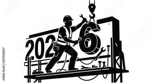 Construction worker installing the number 2026 black silhouette on white background