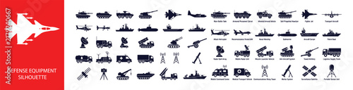 Defense Equipment Silhouette Icon Set, Military Jet Tank and Weapon Vector Symbol Collection
