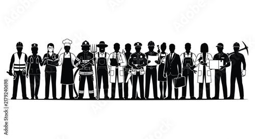 Silhouettes of diverse professionals against a white background depict various occupations