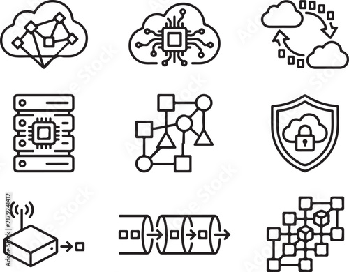 Cloud Computing Line Icon Set for Big Data and Network Infrastructure