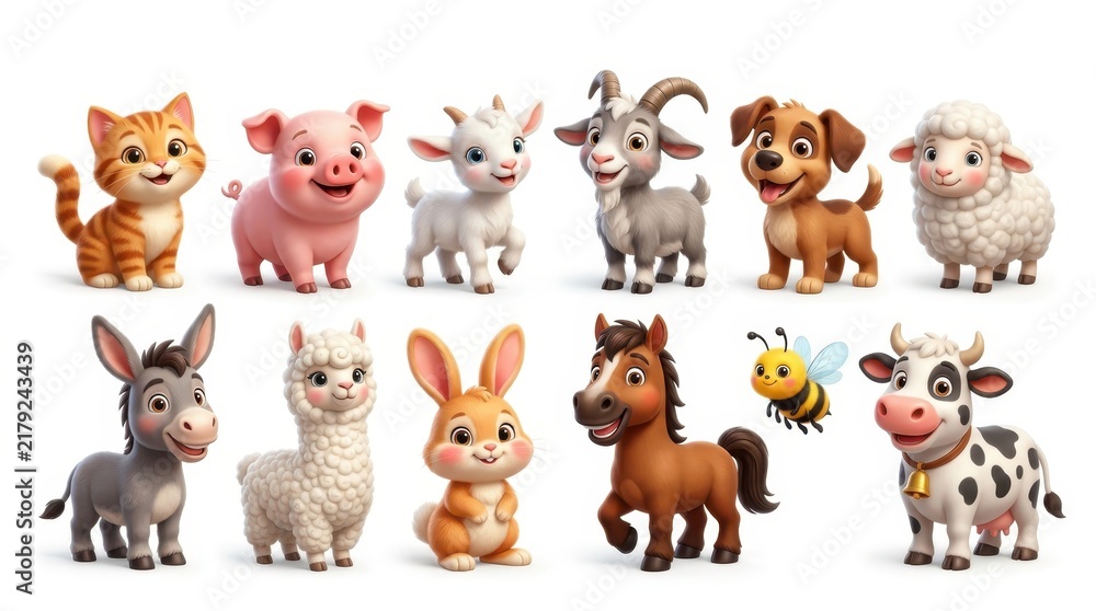Fototapeta premium Cute Cartoon Farm and Domestic Animals Collection Isolated on White Background - 3D Style Illustrations for Kids