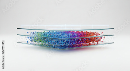 Abstract layered visualization featuring a vibrant, interconnected network of colorful data points, illustrating complex system dynamics and information flow
