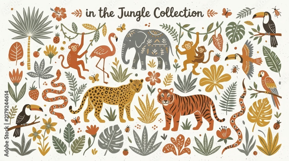 Obraz premium In the Jungle Collection: Hand-drawn Tropical Animal and Exotic Plant Illustration Set with Tiger, Elephant, and Leopard