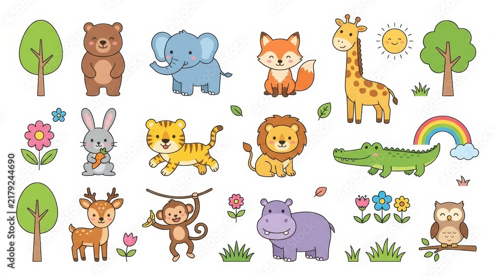 Obraz premium Cute Cartoon Animal Collection Set with Safari and Forest Creatures in Flat Vector Style for Kids