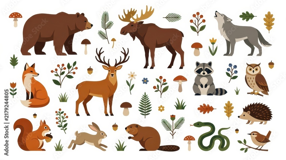 Fototapeta premium Woodland Forest Animals and Nature Elements Vector Illustration Set with Bear, Deer, Fox, and Wolf