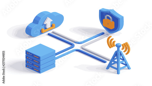 Cloud server connects to communication tower and cyber security shield.