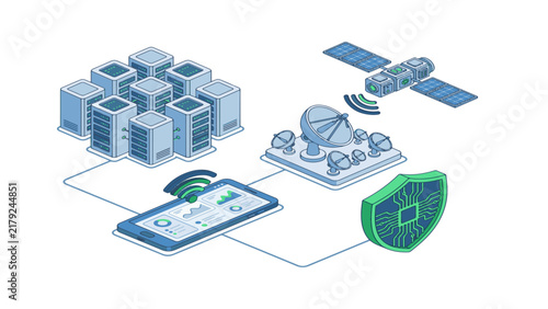 Data center connects to satellite and mobile network with cyber security.