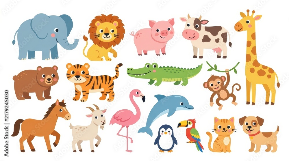 Obraz premium Cute Cartoon Animal Set Vector Illustration with Wild Safari Farm and Sea Animals for Children