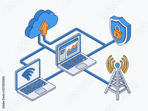 Cloud network diagram connects computers to a transmission tower and security shield.
