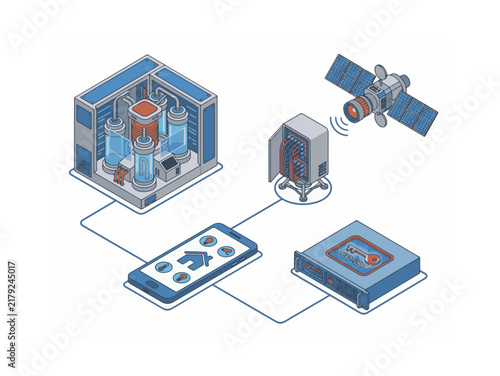 Industrial IoT architecture links smart factory equipment to a satellite and phone.