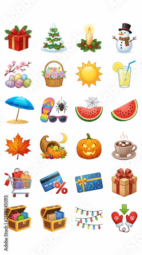 Set of seasonal holiday and shopping icons for web design.