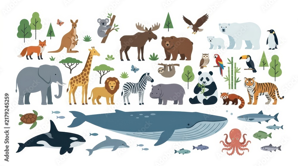 Fototapeta premium Large Collection of Wild Animal Illustrations, Flat Vector Icons of Mammals, Birds, and Marine Life for Educational Design