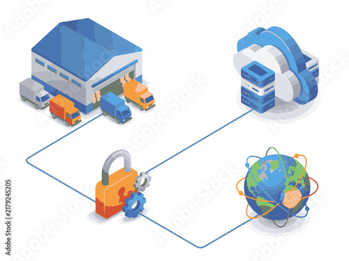Isometric supply chain network connects cloud computing and global data.