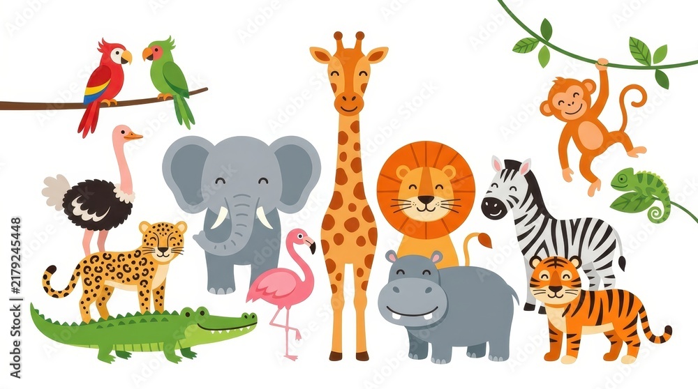 Obraz premium Cute Cartoon Wild Animals Collection with Giraffe Elephant Lion Tiger Zebra and Monkey on White Background