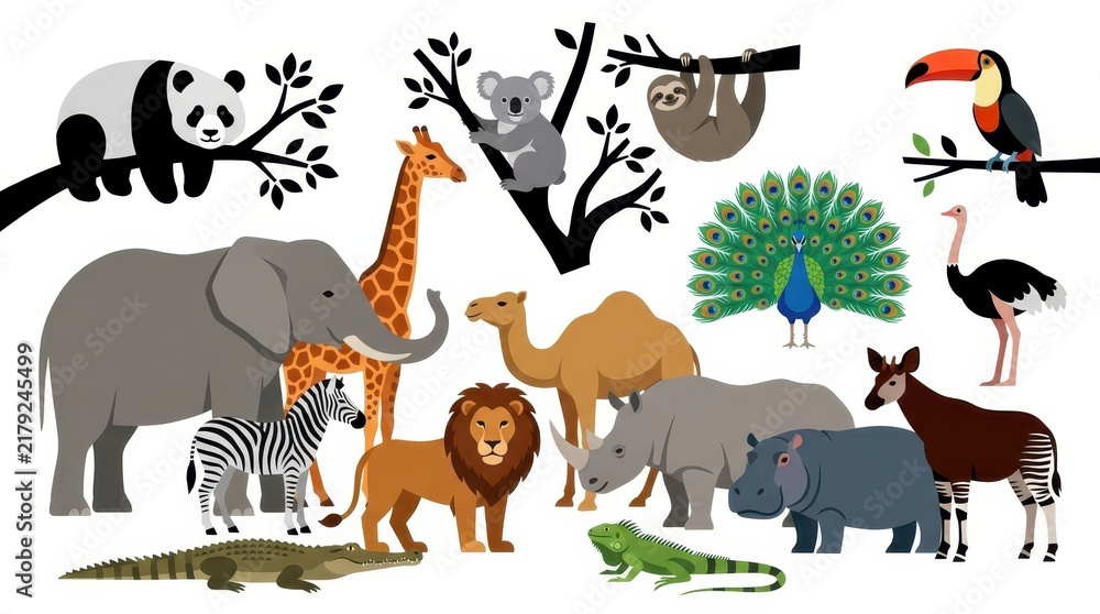 Fototapeta premium Collection of Wild Animals Vector Illustration Set with Elephant Lion Giraffe Panda and More on White Background