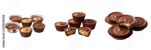 Chocolate peanut butter cups sweet candy treats with creamy filling delicious confectionery milk chocolate cups gourmet dessert snack isolated on white background stock photo