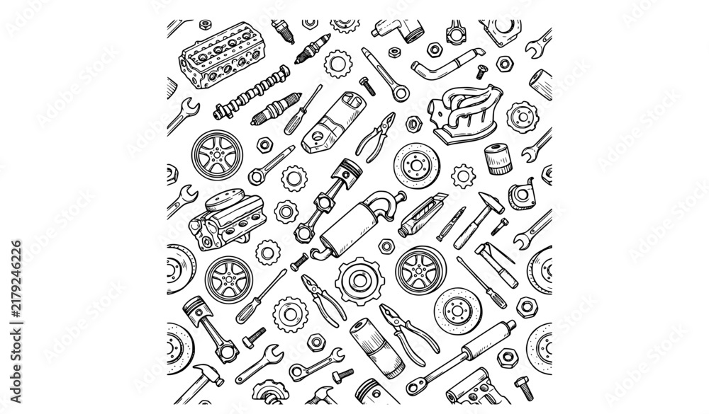 Obraz premium Automotive Garage Tools and Mechanical Parts Seamless Doodle Pattern