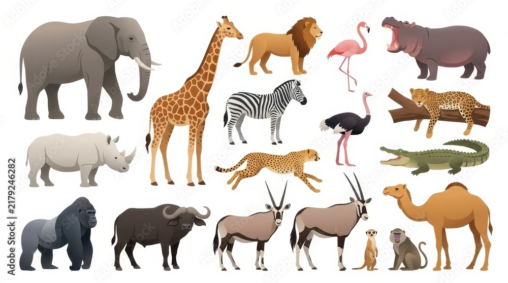 Obraz premium African Safari Animals Vector Illustration Set Featuring Elephant Lion Giraffe Zebra and More Wildlife