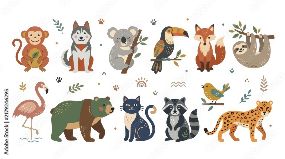 Obraz premium Collection of Cute Stylized Animal Illustrations Including Monkey Koala Fox Sloth Bear and Cheetah for Children's Design