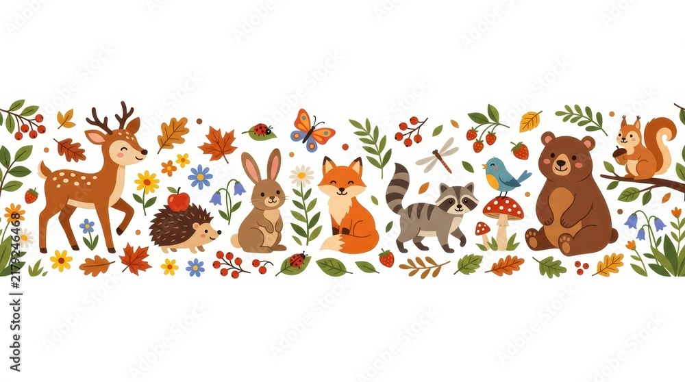 Fototapeta premium Seamless Horizontal Pattern with Cute Woodland Animals, Autumn Leaves, Flowers and Berries on White Background