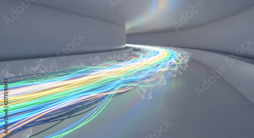 Abstract visualization of colorful light streaks flowing through a modern, minimalist tunnel, representing data transfer and connectivity
