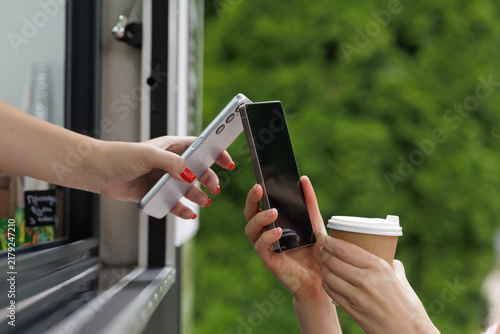 NFC Phone To Phone Payment For Takeaway Coffee At Kiosk