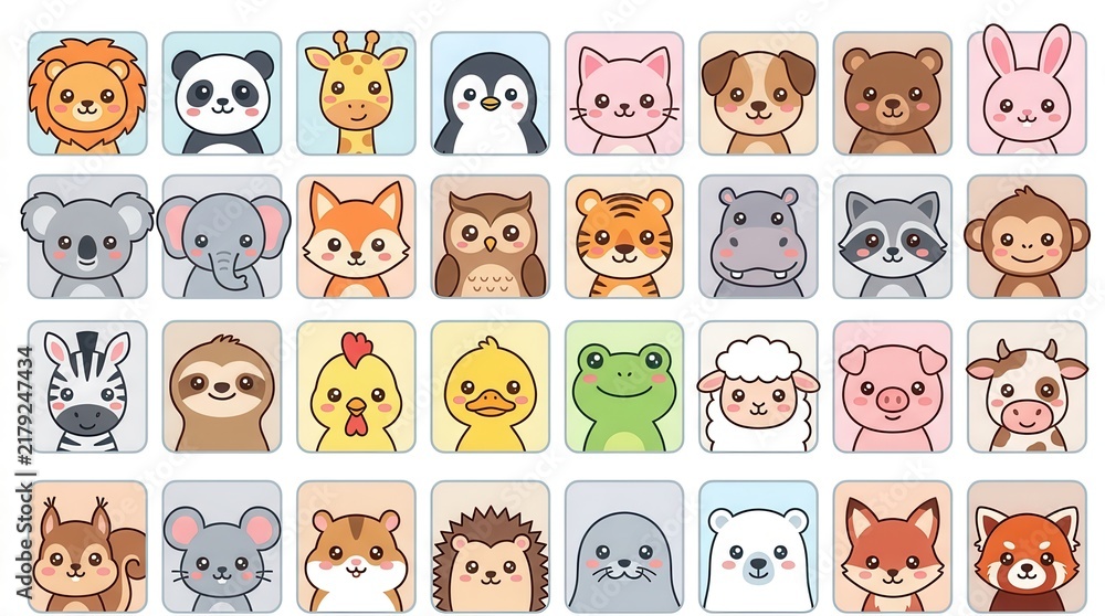 Obraz premium Large Collection of Cute Kawaii Animal Face Icons and Avatars for Kids and Web Design Projects