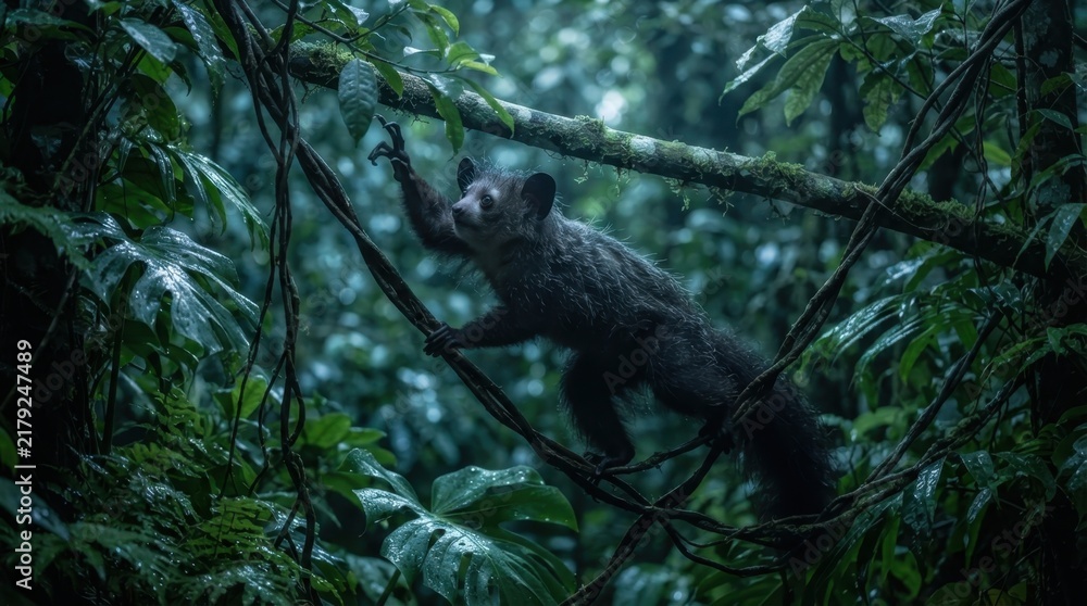Obraz premium Lemur in the Rainforest: A nocturnal lemur, with its keen eyes and agile body, navigates the dense foliage of a vibrant rainforest, showcasing the wild beauty of its natural habitat.