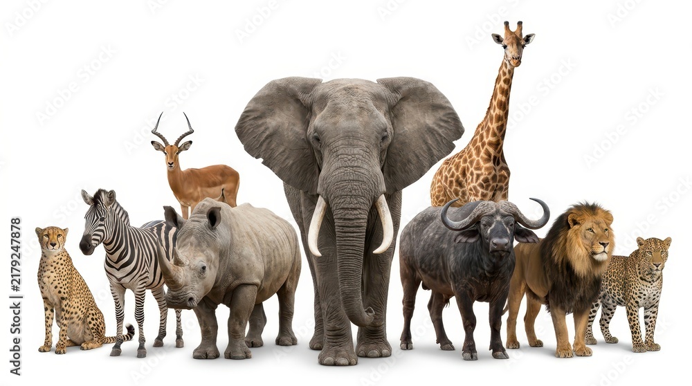 Fototapeta premium African Wildlife Collection with Elephant Giraffe Lion Rhino Zebra and Cheetah Isolated on White Background