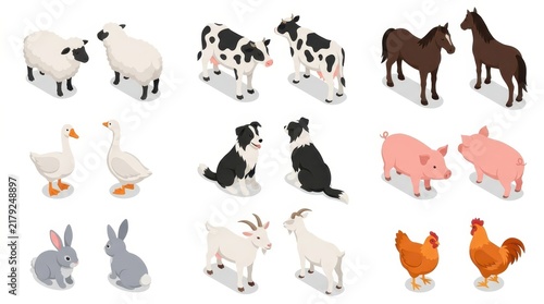 Isometric Farm Animals Vector Set with Cows Horses Sheep Pigs Chickens Dogs Rabbits and Goats for Agricultural Design