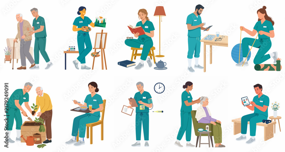 Fototapeta premium Diverse set of vector illustrations depicting professional caregivers and nurses assisting elderly patients with various daily activities and medical needs.
