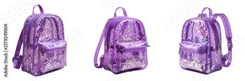 Purple glitter transparent school backpack sparkly clear bookbag with front pocket casual daypack trendy fashion travel bag for kids and teens isolated on white background