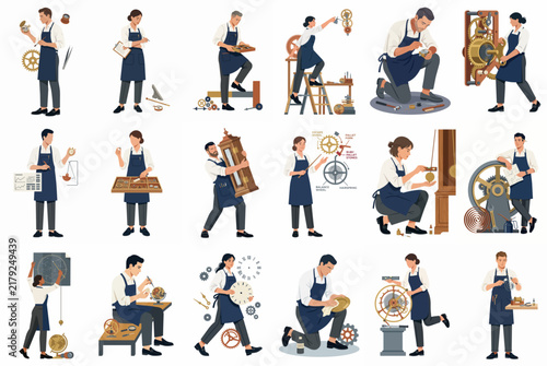 Collection of flat vector illustrations featuring watchmakers and clockmakers repairing and assembling intricate mechanical clocks and gear systems on a white background.