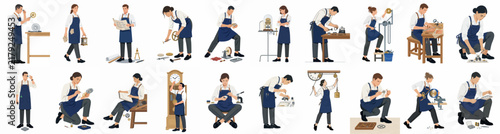 Collection of diverse artisans and craftsmen in blue aprons performing various manual tasks, repairs, and creative work isolated on white background.