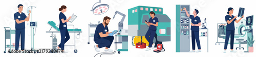 Medical Professionals and Healthcare Staff in Blue Scrubs Performing Various Hospital Tasks and Emergency Services Flat Vector Illustration Set