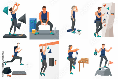 Set of flat vector illustrations featuring various people practicing indoor bouldering and rock climbing in a gym environment.
